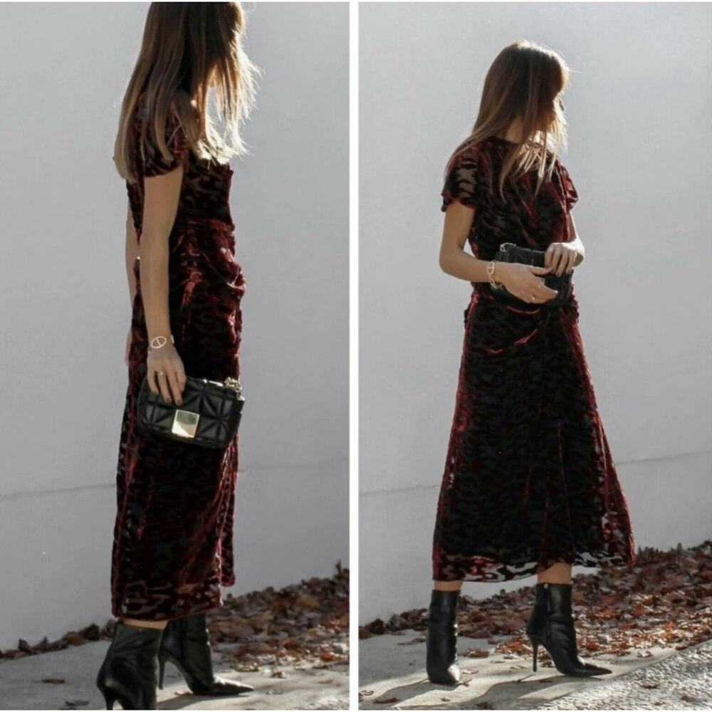 ZARA Womens Midi Dress XS Mulberry Velvet Burnout Ruched Draped Limited Edition